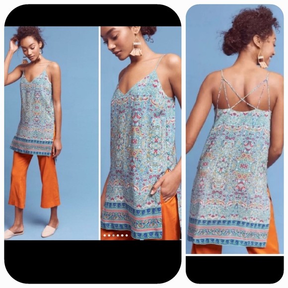 Maeve Anthropologie size 0 /XS Meret Tunic Silk Green Floral Paisley Tank Top - Picture 1 of 9